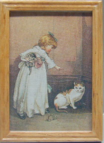 Dollhouse Miniature Girl/Cat, Oak Frame 2 1/4 X 3